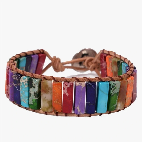Handmade Bohemian Multi Colored stone leather bracelet. - Picture 8 of 9